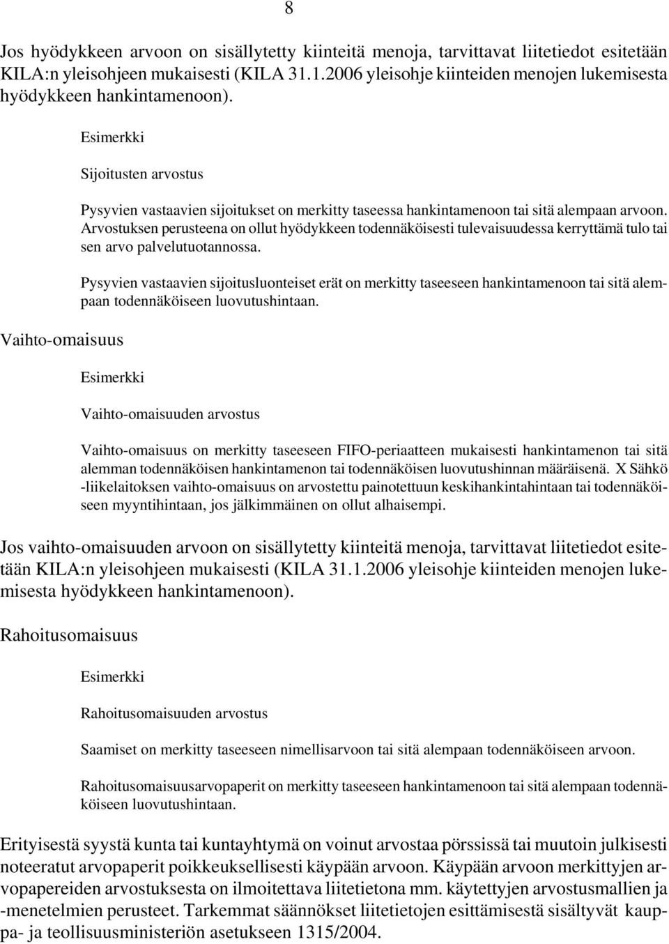 Vaihto-omaisuus Sijoitusten arvostus Pysyvien vastaavien sijoitukset on merkitty taseessa hankintamenoon tai sitä alempaan arvoon.