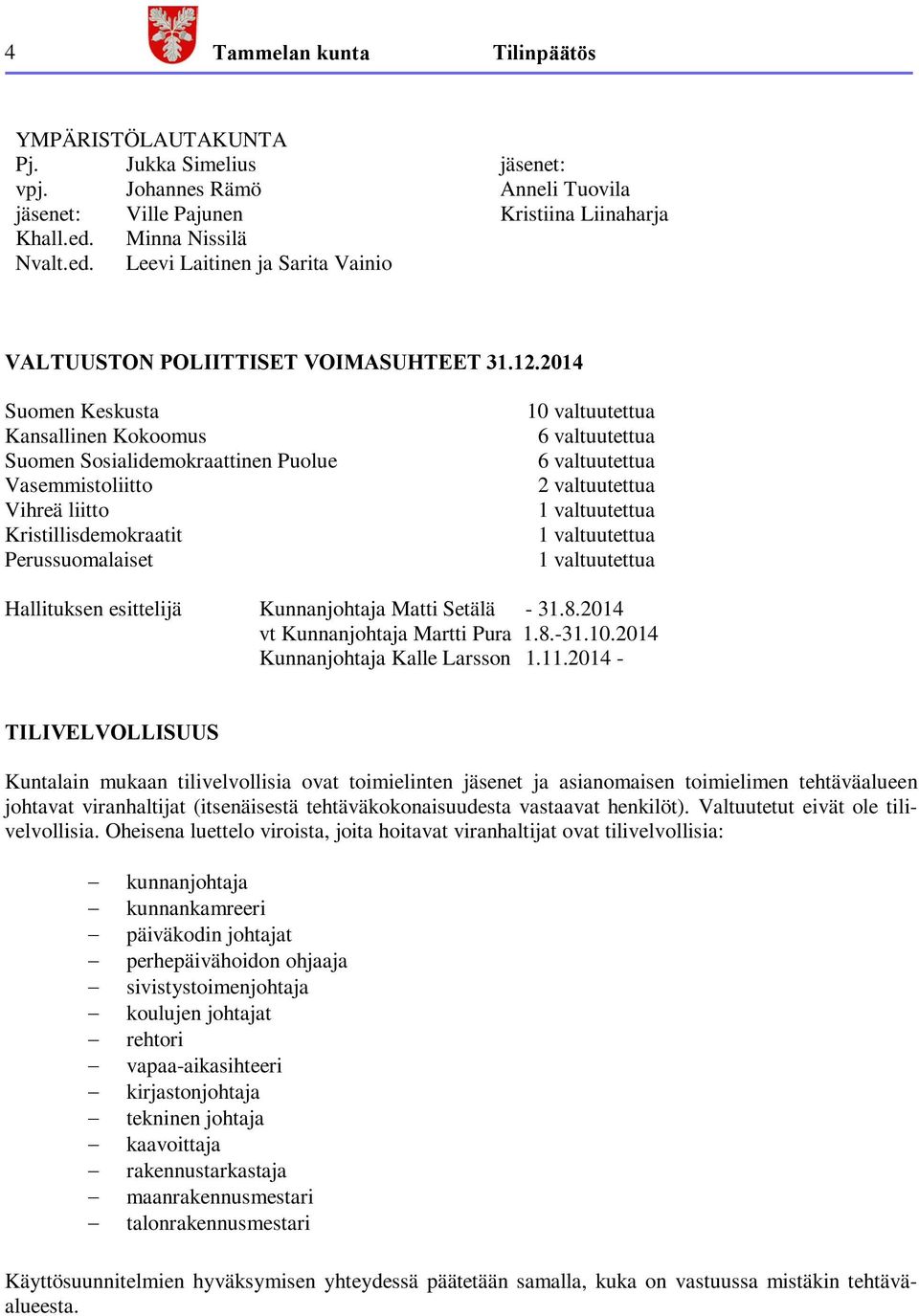 2014 Suomen Keskusta Kansallinen Kokoomus Suomen Sosialidemokraattinen Puolue Vasemmistoliitto Vihreä liitto Kristillisdemokraatit Perussuomalaiset 10 valtuutettua 6 valtuutettua 6 valtuutettua 2