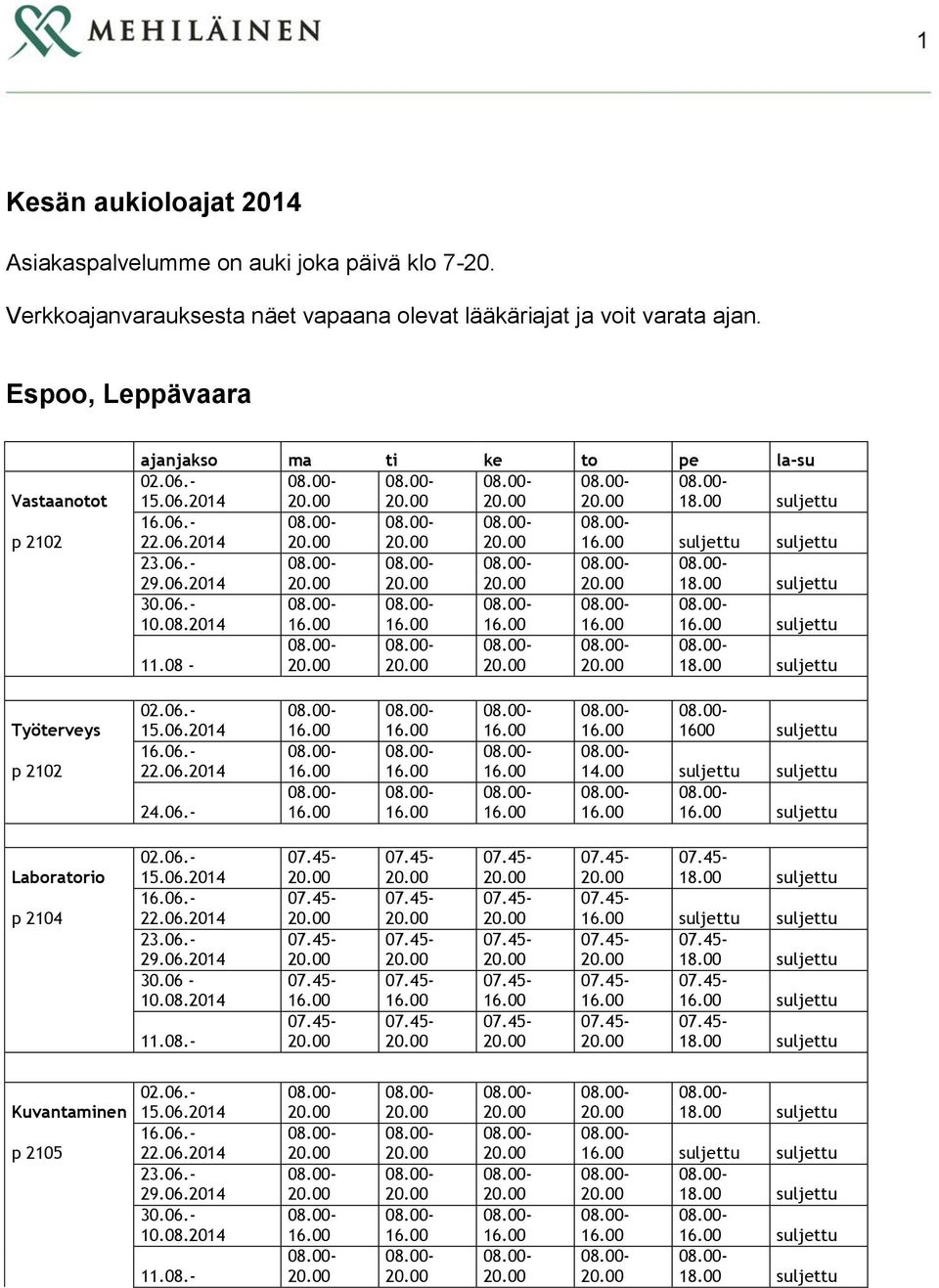 Espoo, Leppävaara Vastaanotot p 2102 ajanjakso ma ti ke to pe las 02.06. 29.06.2014 30.06. 10.08.