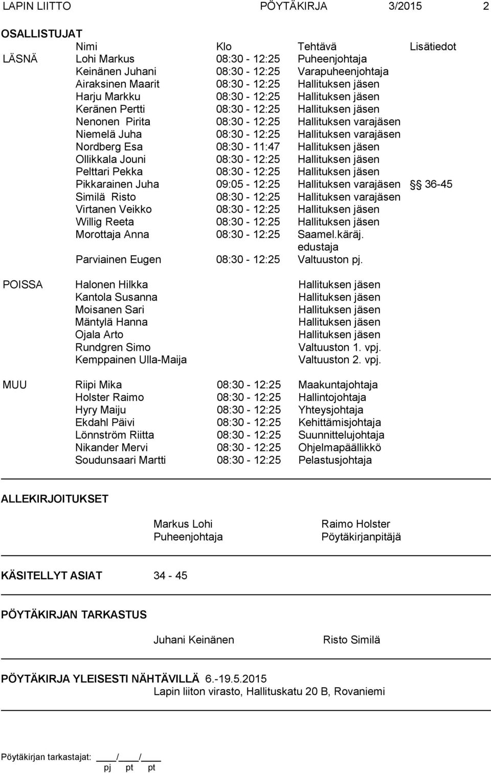 varajäsen Nordberg Esa 08:30-11:47 Hallituksen jäsen Ollikkala Jouni 08:30-12:25 Hallituksen jäsen Pelttari Pekka 08:30-12:25 Hallituksen jäsen Pikkarainen Juha 09:05-12:25 Hallituksen varajäsen