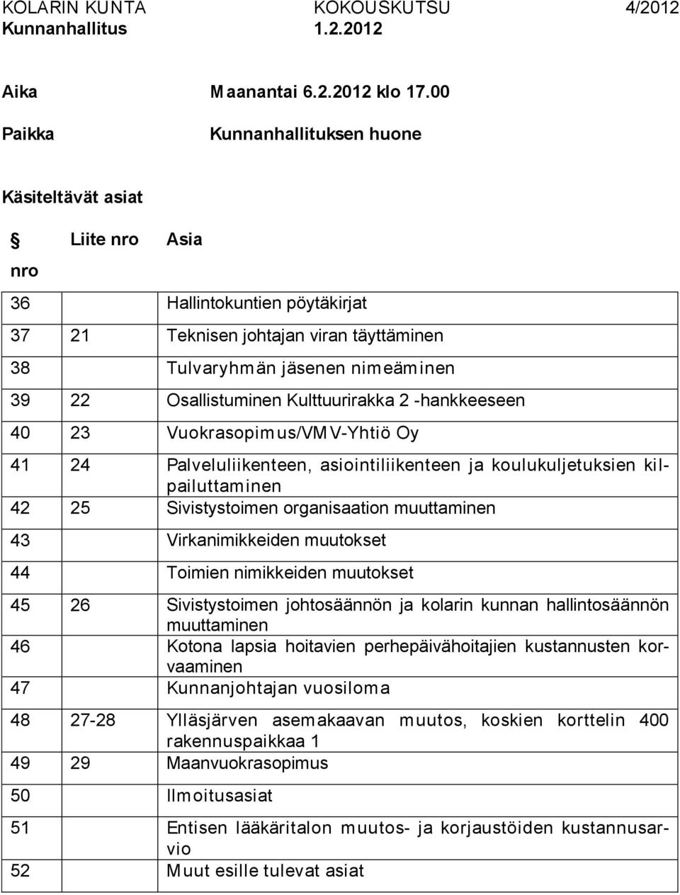 Kulttuurirakka 2 -hankkeeseen 40 23 Vuokrasopimus/VMV-Yhtiö Oy 41 24 Palveluliikenteen, asiointiliikenteen ja koulukuljetuksien kilpailuttaminen 42 25 Sivistystoimen organisaation muuttaminen 43