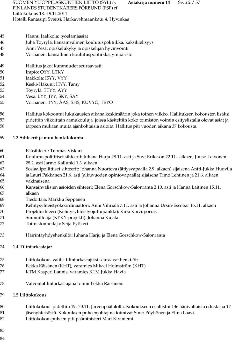 jakoi kummiudet seuraavasti: Impiö: OYY, LTKY Jaakkola: ISYY, VYY Keski-Hakuni: HYY, Tamy Töyrylä: TTYY, AYY Vesa: LYY, JYY, SKY, SAY Vornanen: TYY, ÅAS, SHS, KUVYO, TEYO Hallitus kokoontui