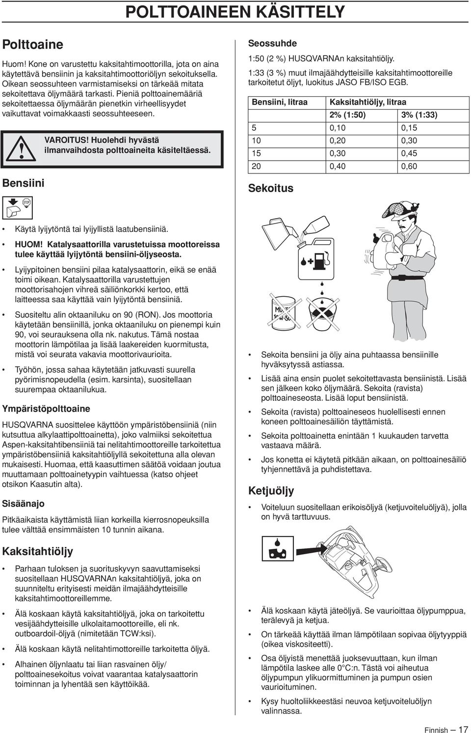 Pieniä polttoainemääriä sekoitettaessa öljymäärän pienetkin virheellisyydet vaikuttavat voimakkaasti seossuhteeseen. Bensiini VAROITUS Huolehdi hyvästä ilmanvaihdosta polttoaineita käsiteltäessä.