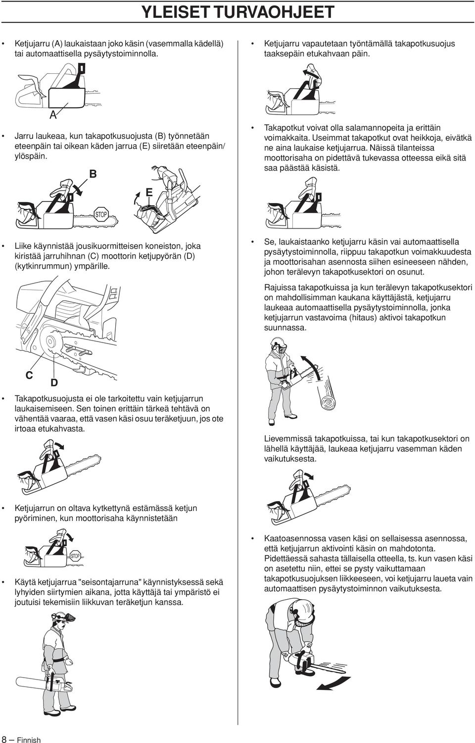 Useimmat takapotkut ovat heikkoja, eivätkä ne aina laukaise ketjujarrua. Näissä tilanteissa moottorisaha on pidettävä tukevassa otteessa eikä sitä saa päästää käsistä.