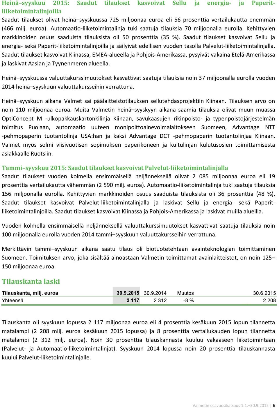 Saadut tilaukset kasvoivat Sellu ja energia- sekä Paperit-liiketoimintalinjoilla ja säilyivät edellisen vuoden tasolla Palvelut-liiketoimintalinjalla.