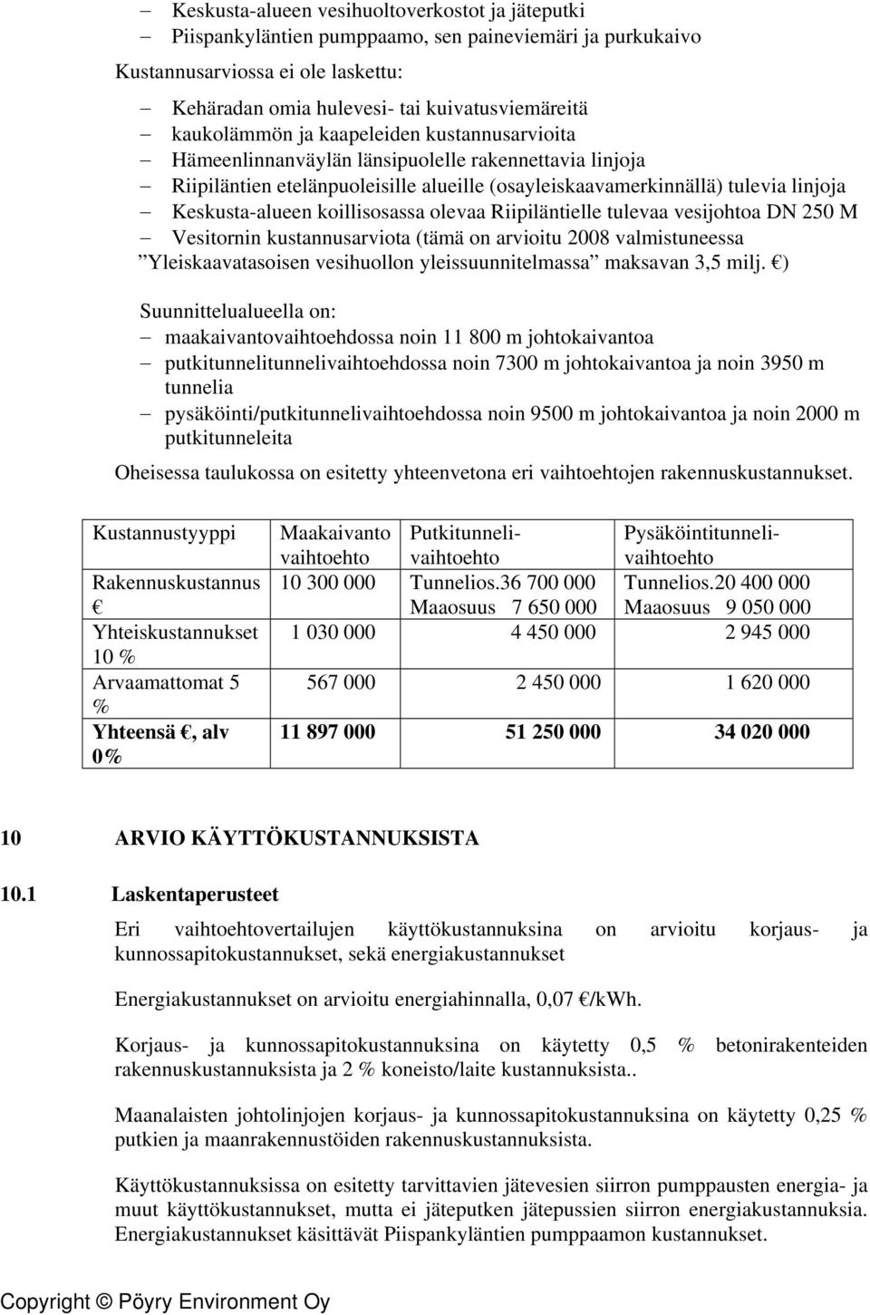 koillisosassa olevaa Riipiläntielle tulevaa vesijohtoa DN 250 M Vesitornin kustannusarviota (tämä on arvioitu 2008 valmistuneessa Yleiskaavatasoisen vesihuollon yleissuunnitelmassa maksavan 3,5 milj.