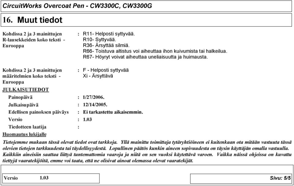 Kohdissa 2 ja mainittujen määritelmien koko teksti Eurooppa JULKAISUTIEDOT Painopäivä Julkaisupäivä Edellisen painoksen päiväys Versio Tiedotteen laatija Huomautus lukijalle 1/27/2006. 12/14/2005.