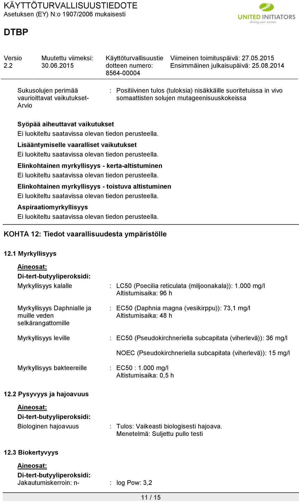 ympäristölle 12.1 Myrkyllisyys Myrkyllisyys kalalle Myrkyllisyys Daphnialle ja muille veden selkärangattomille Myrkyllisyys leville : LC50 (Poecilia reticulata (miljoonakala)): 1.