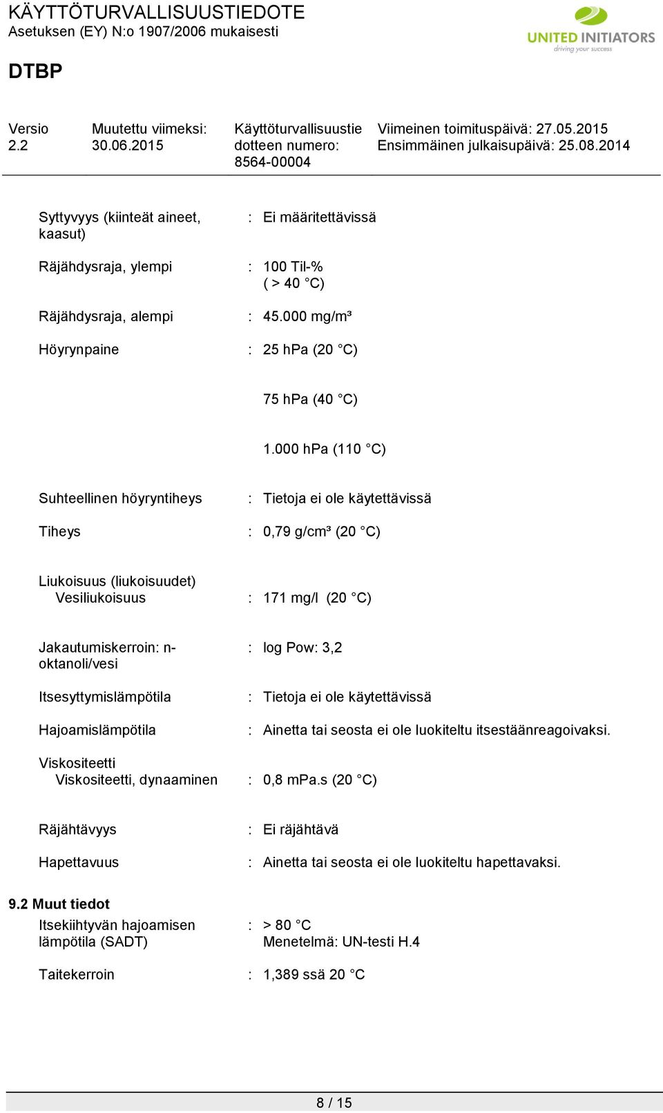 Itsesyttymislämpötila Hajoamislämpötila Viskositeetti Viskositeetti, dynaaminen : log Pow: 3,2 : Tietoja ei ole käytettävissä : Ainetta tai seosta ei ole luokiteltu itsestäänreagoivaksi. : 0,8 mpa.