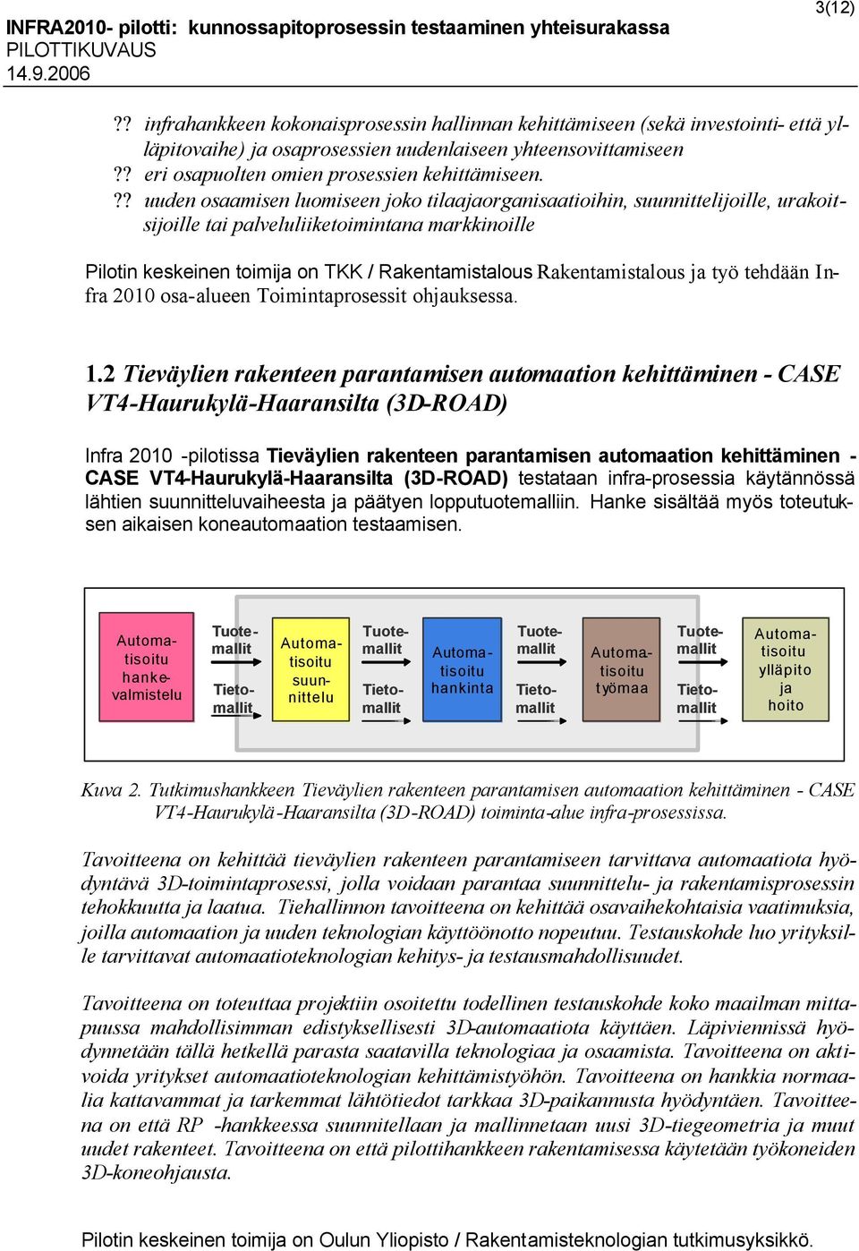 Rakentamistalous ja työ tehdään Infra 2010 osa-alueen Toimintaprosessit ohjauksessa. 1.