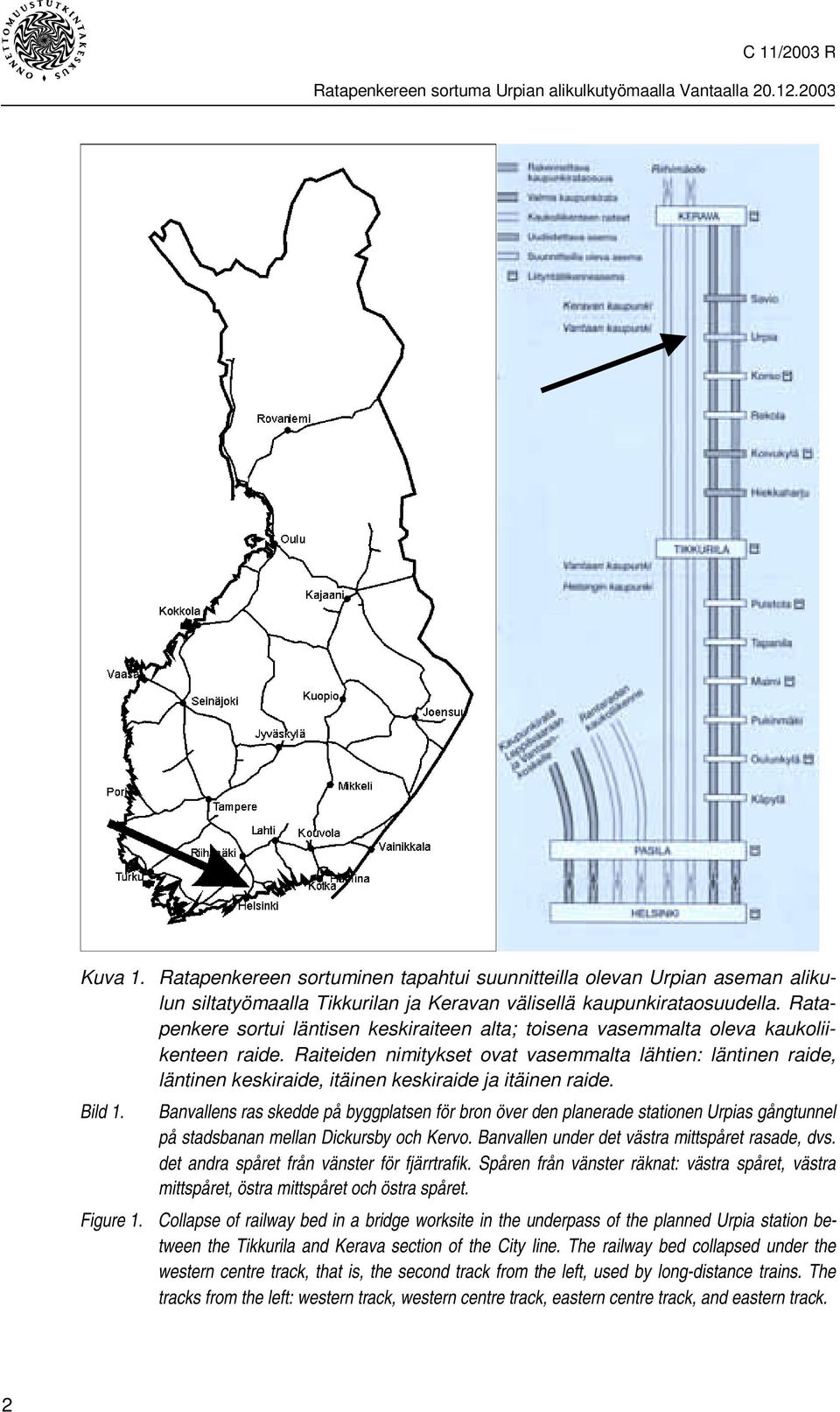 Raiteiden nimitykset ovat vasemmalta lähtien: läntinen raide, läntinen keskiraide, itäinen keskiraide ja itäinen raide. Bild 1.