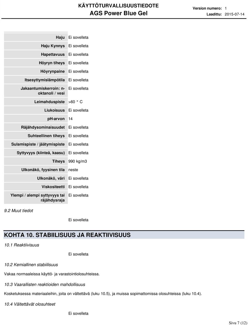 tai räjähdysraja 990 kg/m3 neste 9.2 Muut tiedot KOHTA 10. STABIILISUUS JA REAKTIIVISUUS 10.1 Reaktiivisuus 10.