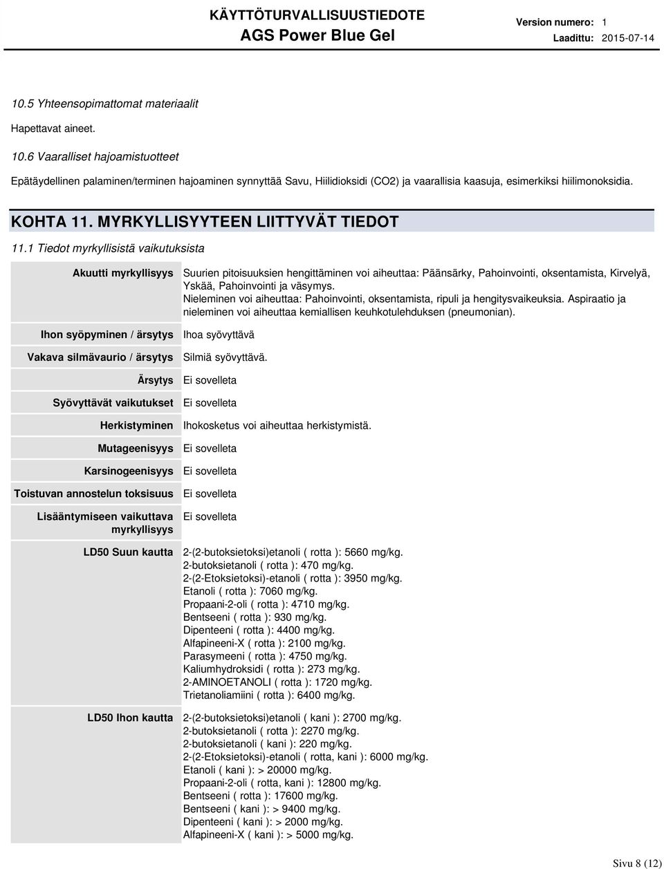 1 Tiedot myrkyllisistä vaikutuksista Akuutti myrkyllisyys Ihon syöpyminen / ärsytys Vakava silmävaurio / ärsytys Ärsytys Syövyttävät vaikutukset Herkistyminen Mutageenisyys Karsinogeenisyys Toistuvan