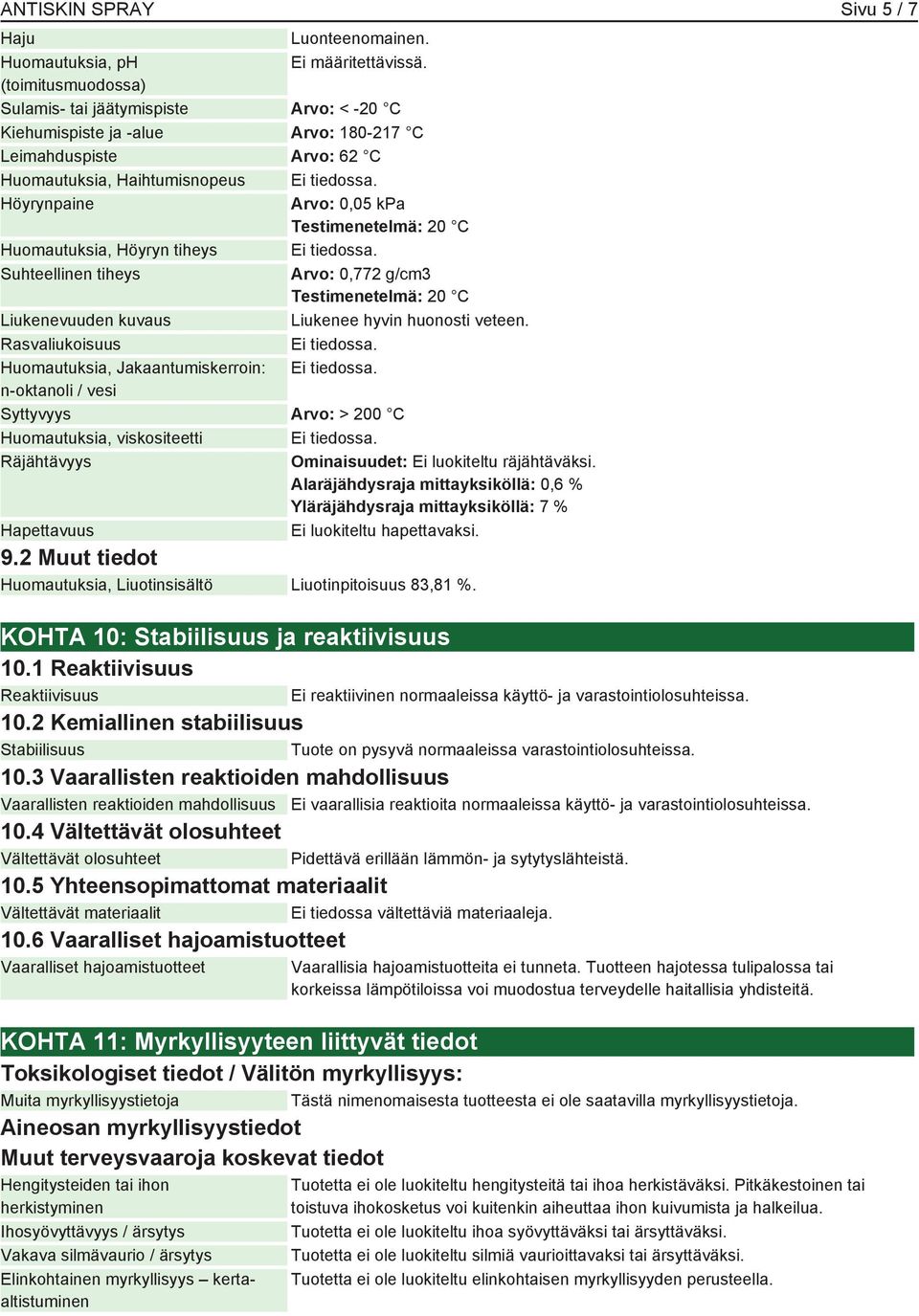 Höyrynpaine Arvo: 0,05 kpa Testimenetelmä: 20 C Huomautuksia, Höyryn tiheys Ei tiedossa. Suhteellinen tiheys Arvo: 0,772 g/cm3 Testimenetelmä: 20 C Liukenevuuden kuvaus Liukenee hyvin huonosti veteen.