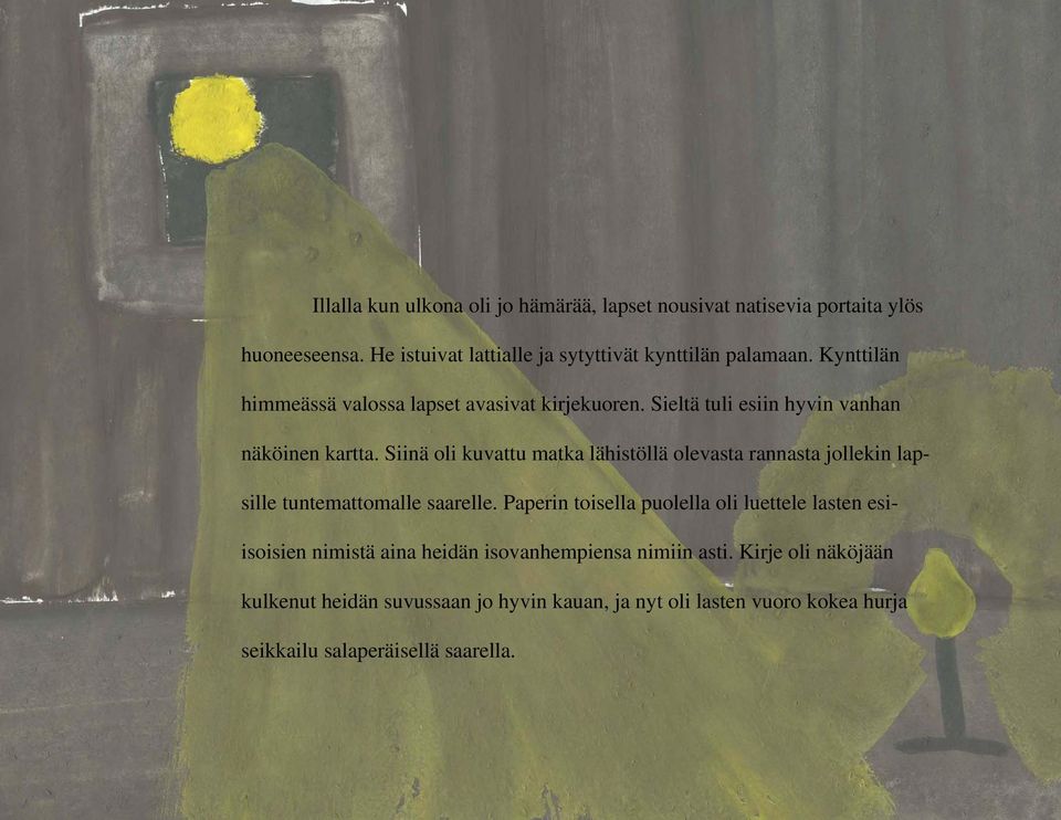 Siinä oli kuvattu matka lähistöllä olevasta rannasta jollekin lapsille tuntemattomalle saarelle.