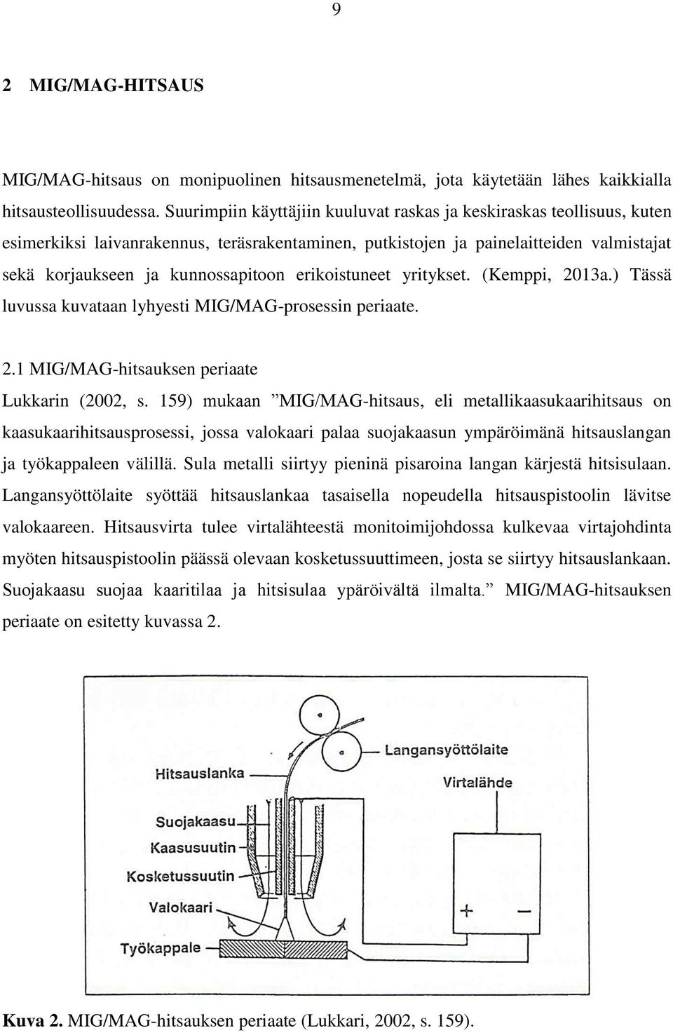 erikoistuneet yritykset. (Kemppi, 2013a.) Tässä luvussa kuvataan lyhyesti MIG/MAG-prosessin periaate. 2.1 MIG/MAG-hitsauksen periaate Lukkarin (2002, s.