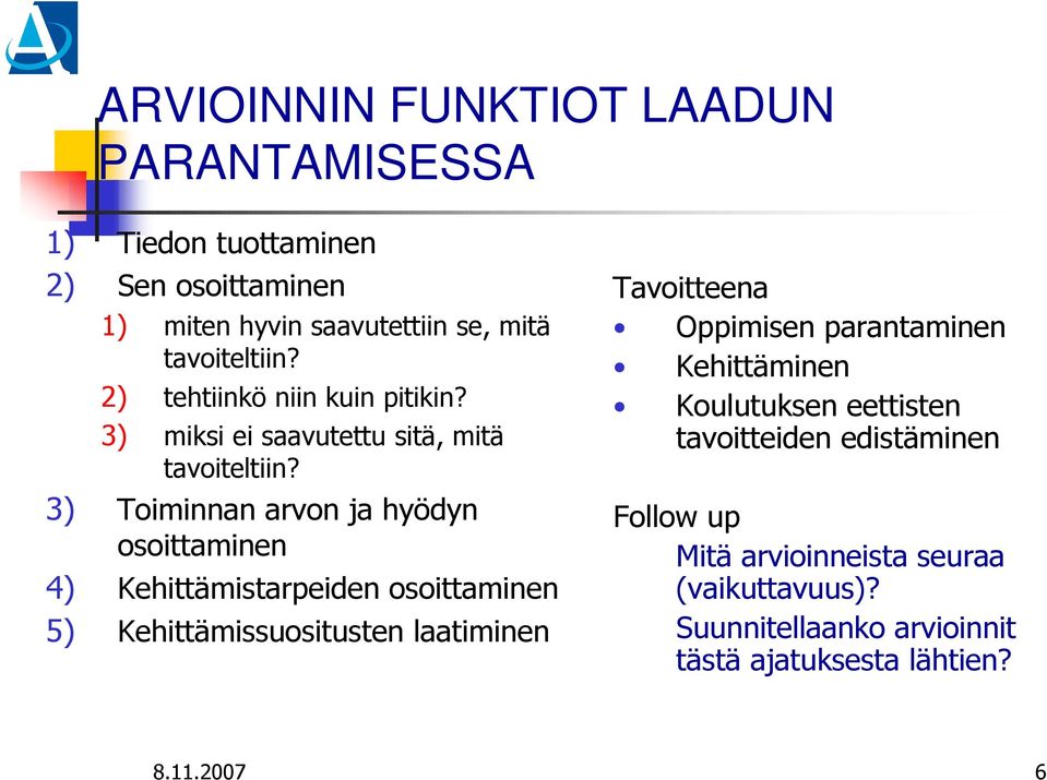 3) Toiminnan arvon ja hyödyn osoittaminen 4) Kehittämistarpeiden osoittaminen 5) Kehittämissuositusten laatiminen Tavoitteena Oppimisen