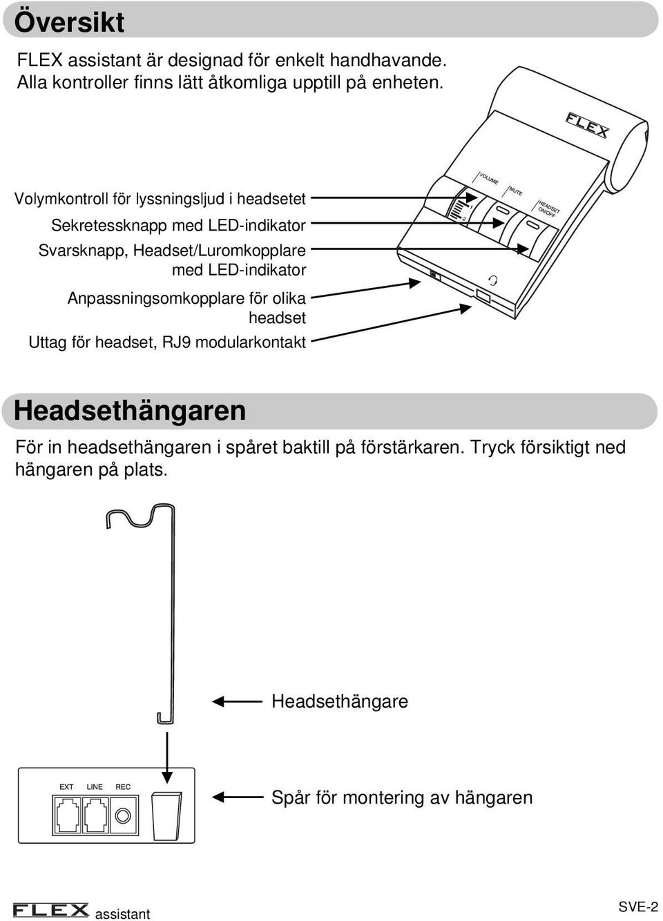 LED-indikator Anpassningsomkopplare för olika headset Uttag för headset, RJ9 modularkontakt Headsethängaren För in