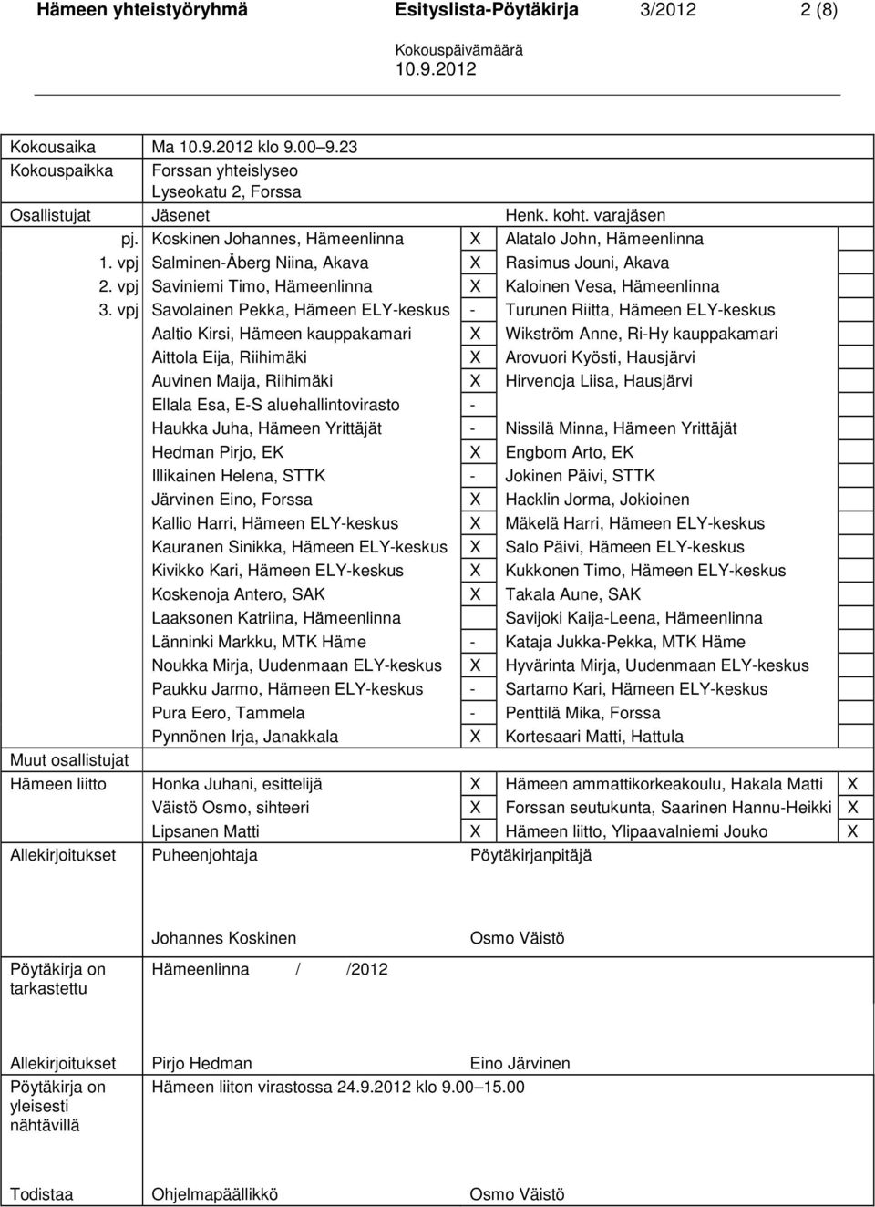 vpj Savolainen Pekka, Hämeen ELY-keskus - Turunen Riitta, Hämeen ELY-keskus Aaltio Kirsi, Hämeen kauppakamari X Wikström Anne, Ri-Hy kauppakamari Aittola Eija, Riihimäki X Arovuori Kyösti, Hausjärvi