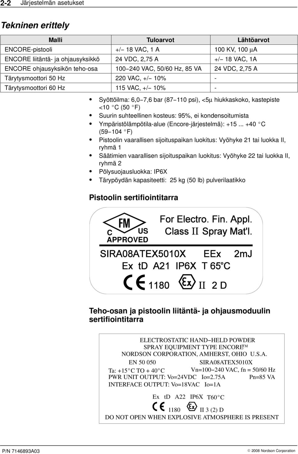 hiukkaskoko, kastepiste <10 C (50 F) Suurin suhteellinen kosteus: 95%, ei kondensoitumista Ympäristölämpötila-alue (Encore-järjestelmä): +15.