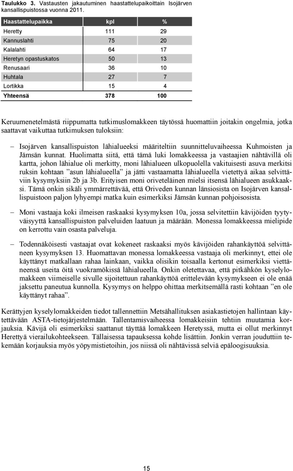 tutkimuslomakkeen täytössä huomattiin joitakin ongelmia, jotka saattavat vaikuttaa tutkimuksen tuloksiin: Isojärven kansallispuiston lähialueeksi määriteltiin suunnitteluvaiheessa Kuhmoisten ja