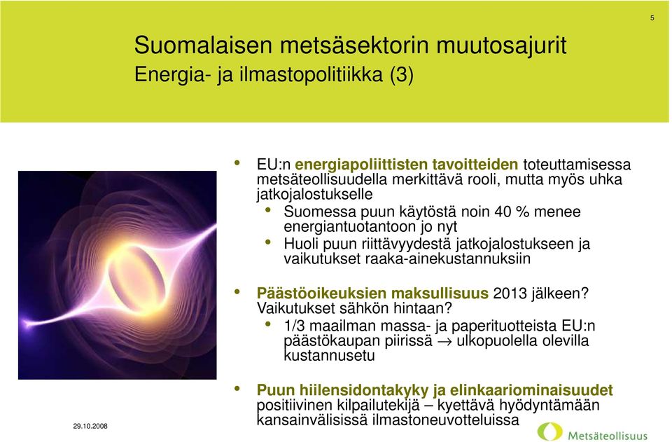 vaikutukset raaka-ainekustannuksiin Päästöoikeuksien maksullisuus 2013 jälkeen? Vaikutukset sähkön hintaan?