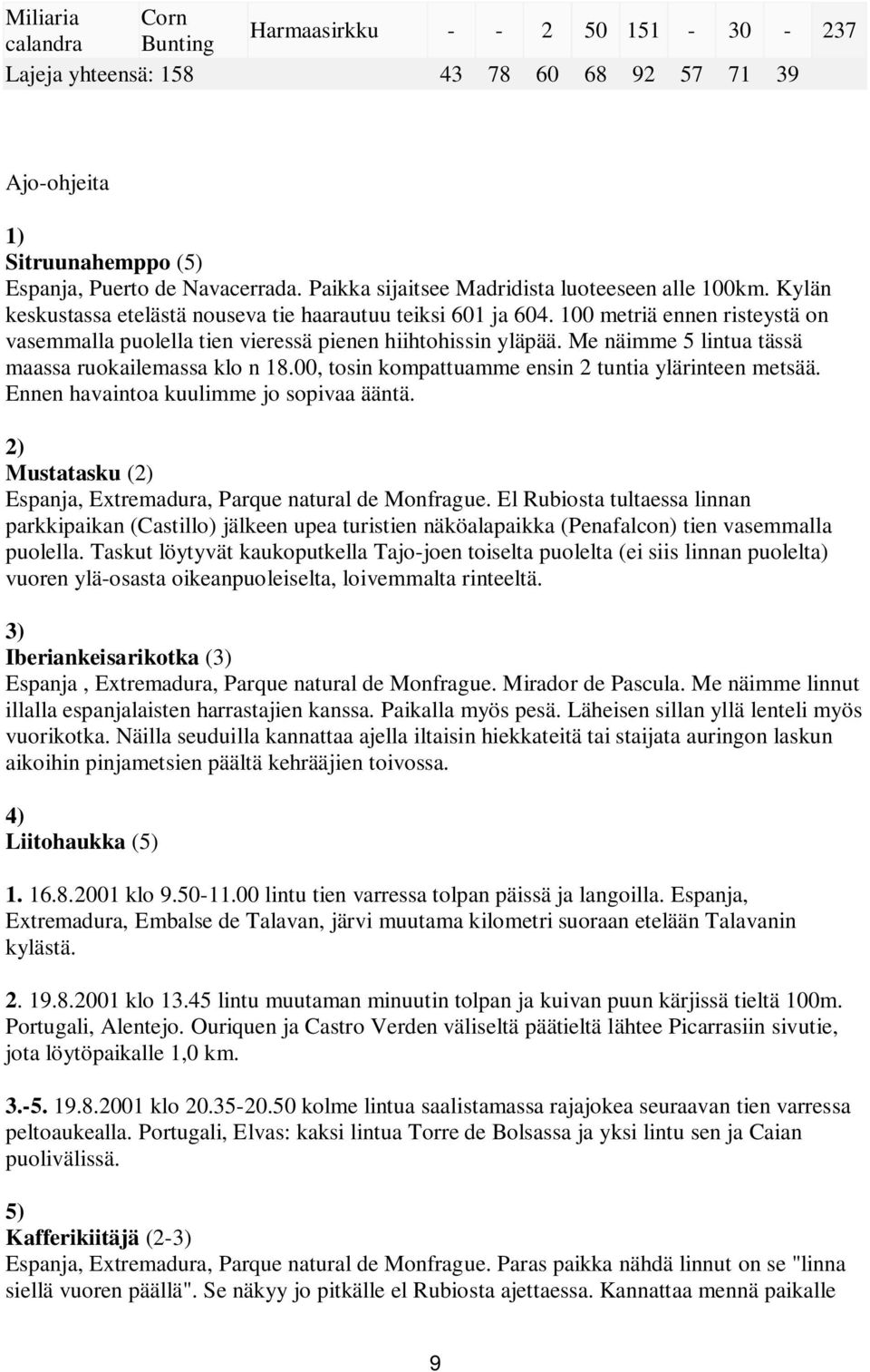 näimme 5 lintua tässä maassa ruokailemassa klo n 1800, tosin kompattuamme ensin 2 tuntia ylärinteen metsää Ennen havaintoa kuulimme jo sopivaa ääntä 2) Mustatasku (2) Espanja, Extremadura, Parque