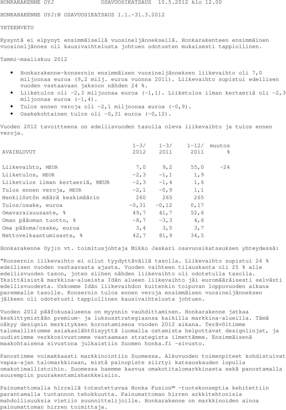 Tammi-maaliskuu 2012 Honkarakenne-konsernin ensimmäisen vuosineljänneksen liikevaihto oli 7,0 miljoonaa euroa (9,2 milj. euroa vuonna 2011).