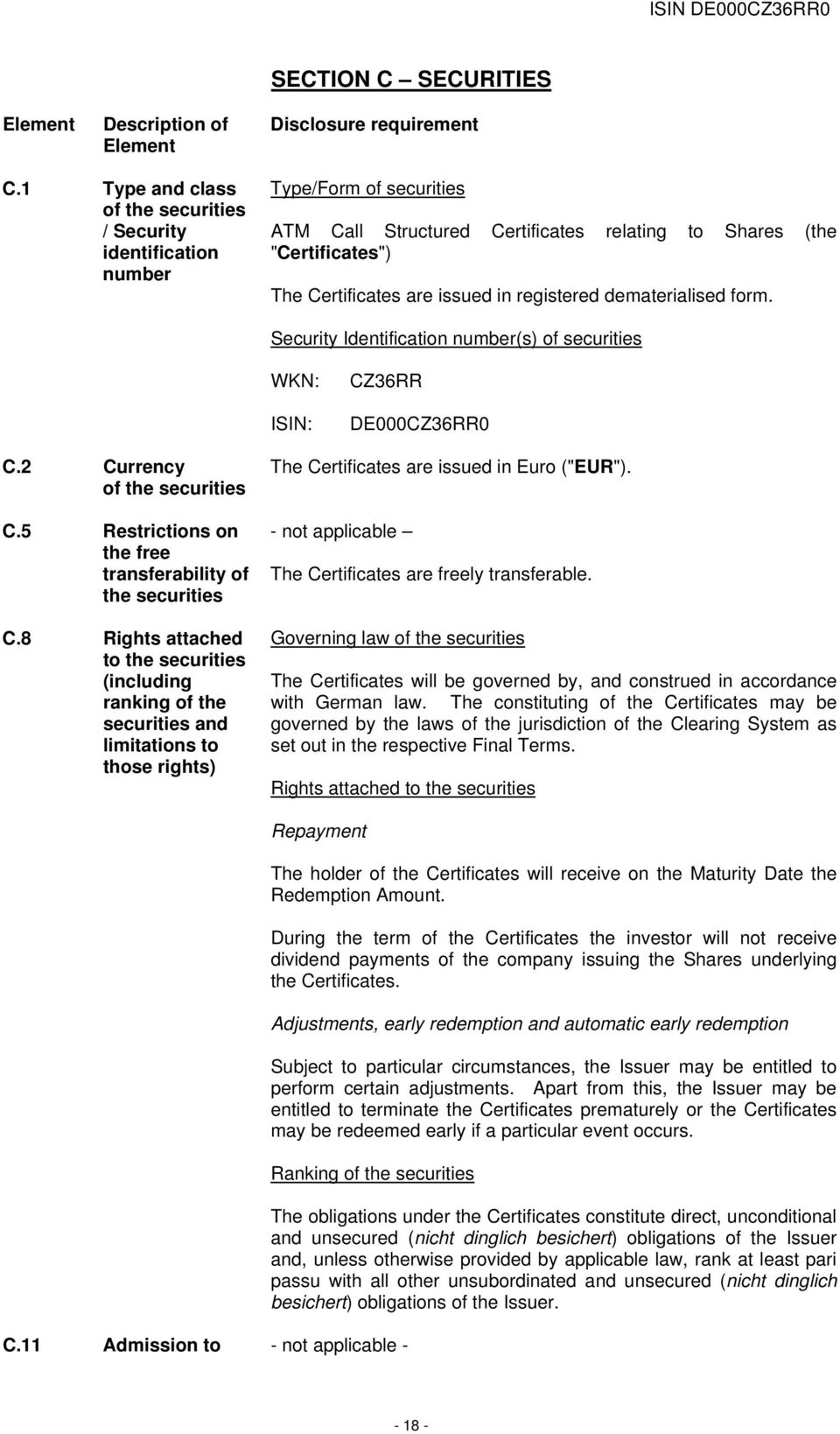 registered dematerialised form. Security Identification number(s) of securities WKN: ISIN: CZ36RR DE000CZ36RR0 C.2 Currency of the securities C.