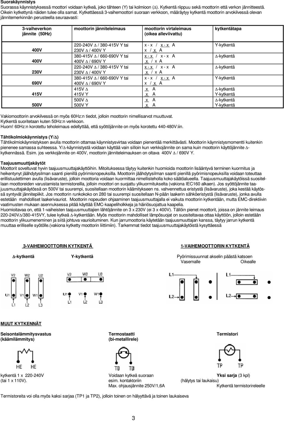 moottorin virtaleimaus (oikea alleviivattu) kytkentätapa 400V 400V 230V 690V 415V 500V 220-240V / 380-415V Y tai 230V / 400V Y 380-415V / 660-690V Y tai 400V / 690V Y 220-240V / 380-415V Y tai 230V /