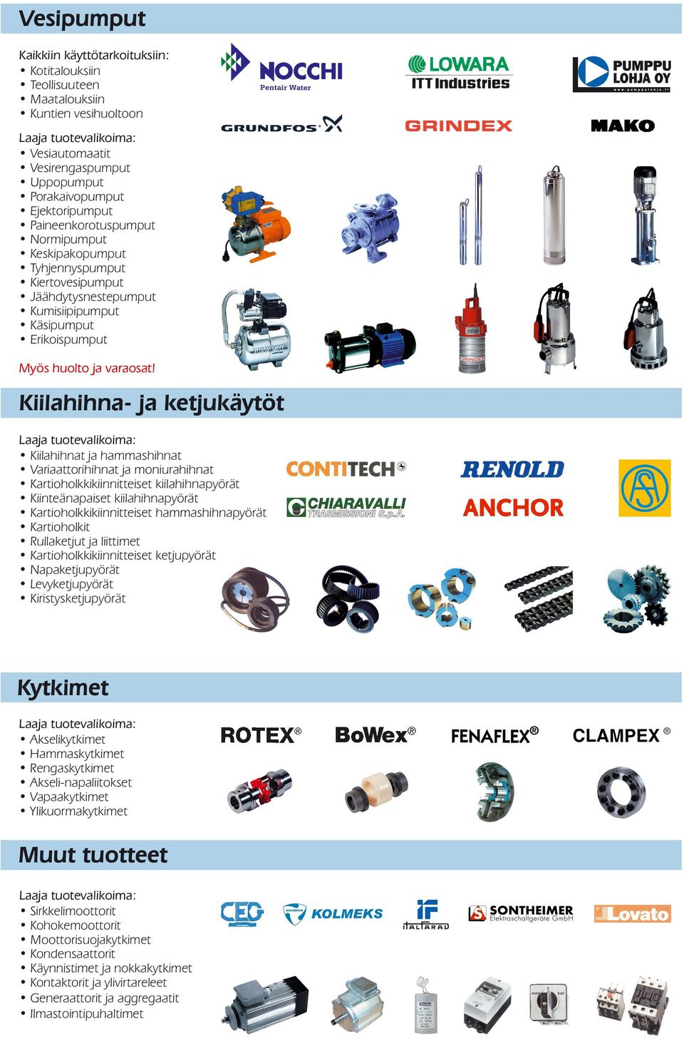 Kiilahihna- ja ketjukäytöt Kiilahihnat ja hammashihnat Variaattorihihnat ja moniurahihnat Kartioholkkikiinnitteiset kiilahihnapyörät Kiinteänapaiset kiilahihnapyörät Kartioholkkikiinnitteiset