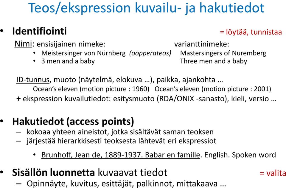 ekspression kuvailutiedot: esitysmuoto (RDA/ONIX -sanasto), kieli, versio Hakutiedot (access points) kokoaa yhteen aineistot, jotka sisältävät saman teoksen järjestää hierarkkisesti