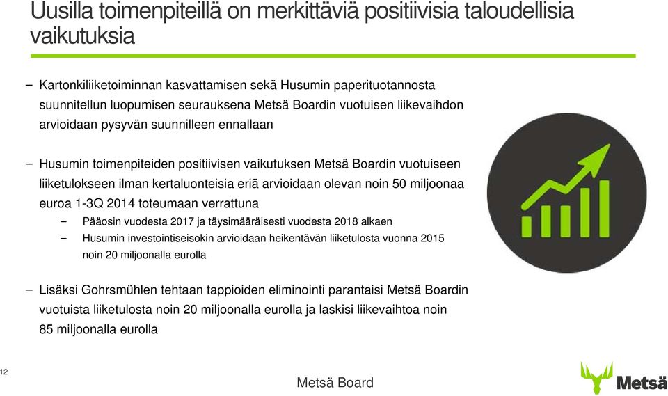 noin 50 miljoonaa euroa 1-3Q 2014 toteumaan verrattuna Pääosin vuodesta 2017 ja täysimääräisesti vuodesta 2018 alkaen Husumin investointiseisokin arvioidaan heikentävän liiketulosta vuonna 2015 noin