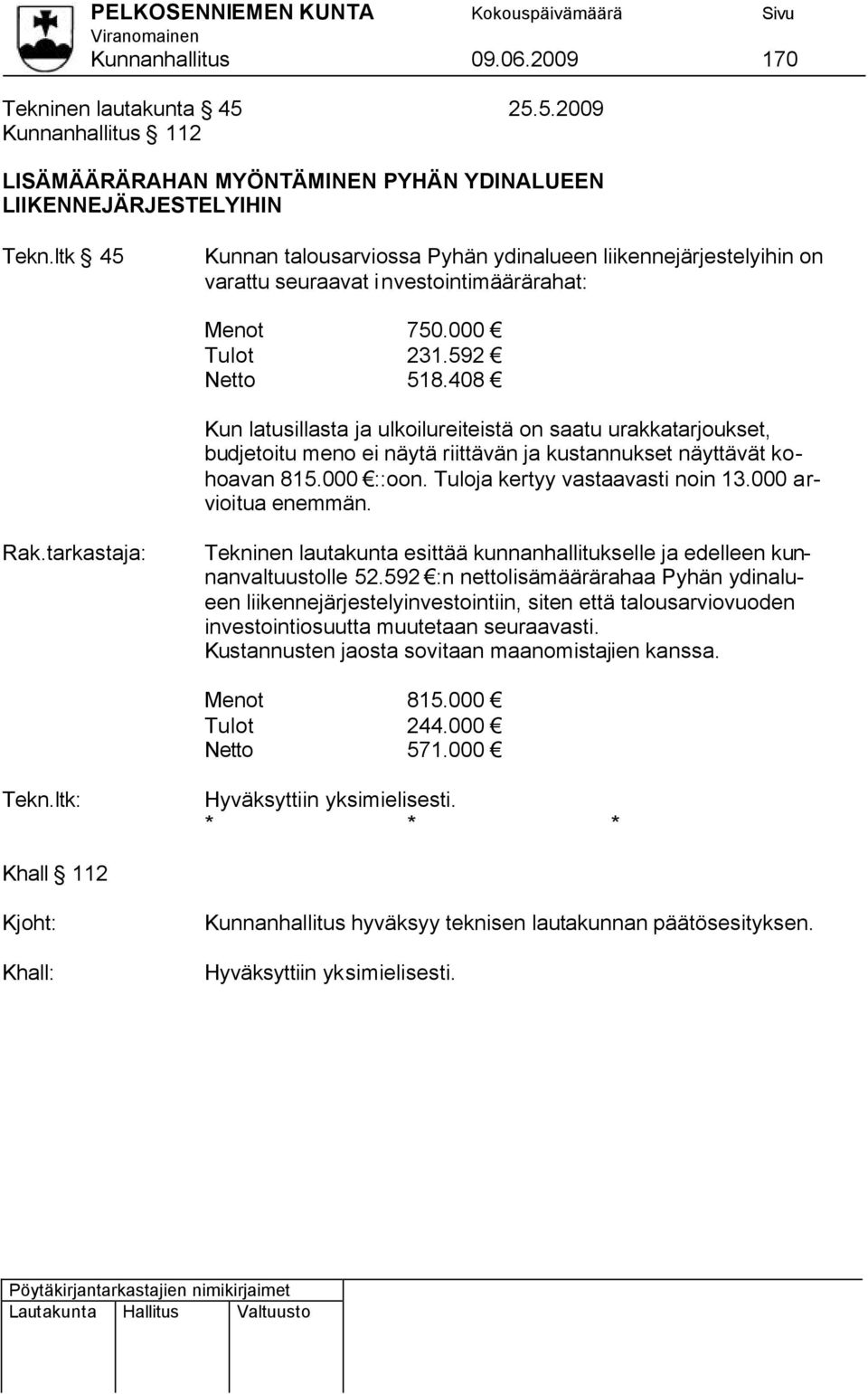 408 Kun latusillasta ja ulkoilureiteistä on saatu urakkatarjoukset, budjetoitu meno ei näytä riittävän ja kustannukset näyttävät kohoavan 815.000 ::oon. Tuloja kertyy vastaavasti noin 13.