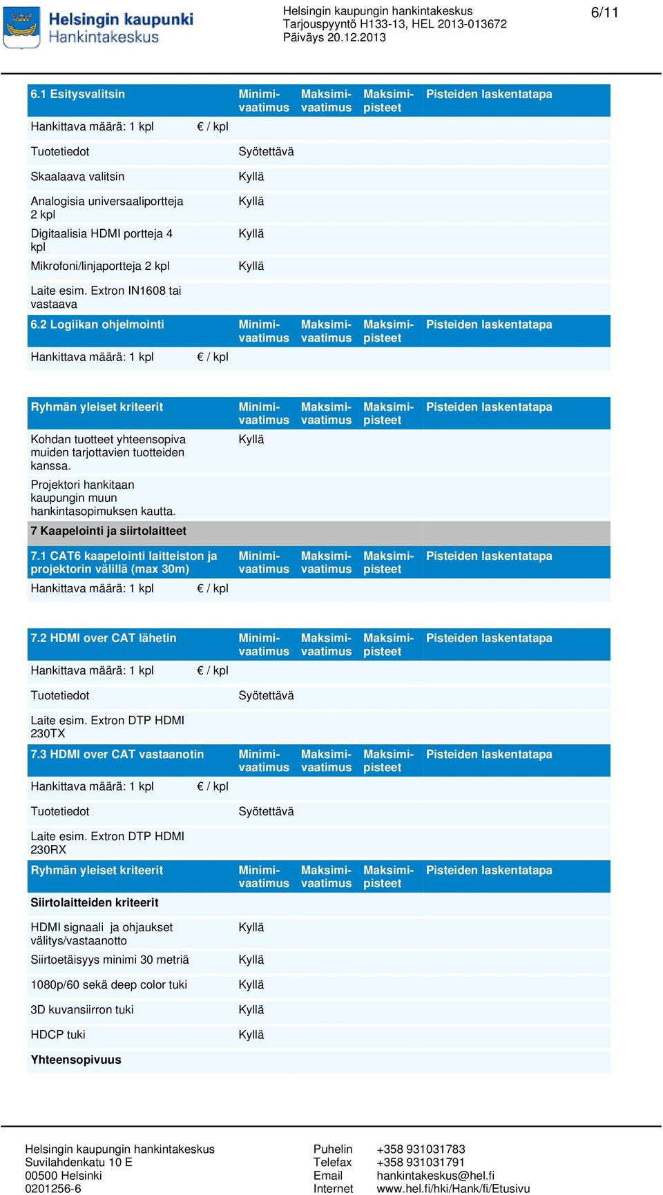 1 CAT6 kaapelointi laitteiston ja projektorin välillä (max 30m) 6.2 Logiikan ohjelmointi 7.2 HDMI over CAT lähetin Laite esim. Extron DTP HDMI 230TX Laite esim.