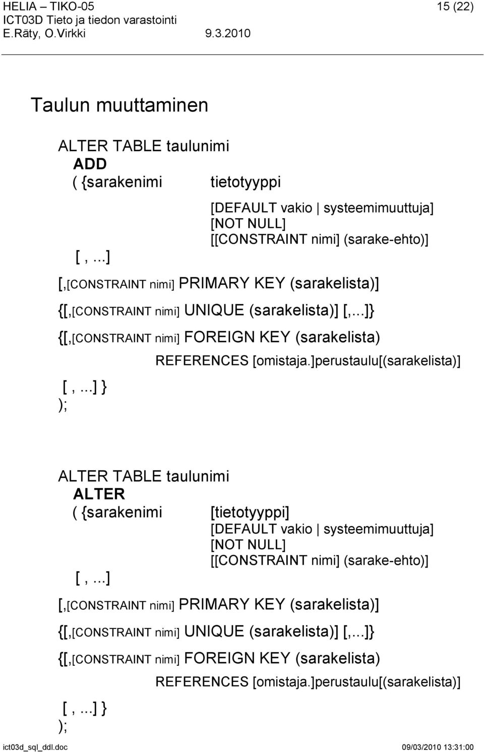 ..]} {[,[CONSTRAINT nimi] FOREIGN KEY (sarakelista) [,...] } ); REFERENCES [omistaja.