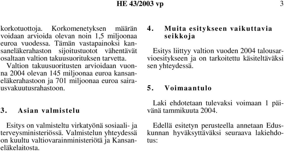 Valtion takuusuoritusten arvioidaan vuonna 2004 olevan 145 miljoonaa euroa kansaneläkerahastoon ja 701 miljoonaa euroa sairausvakuutusrahastoon. 3.