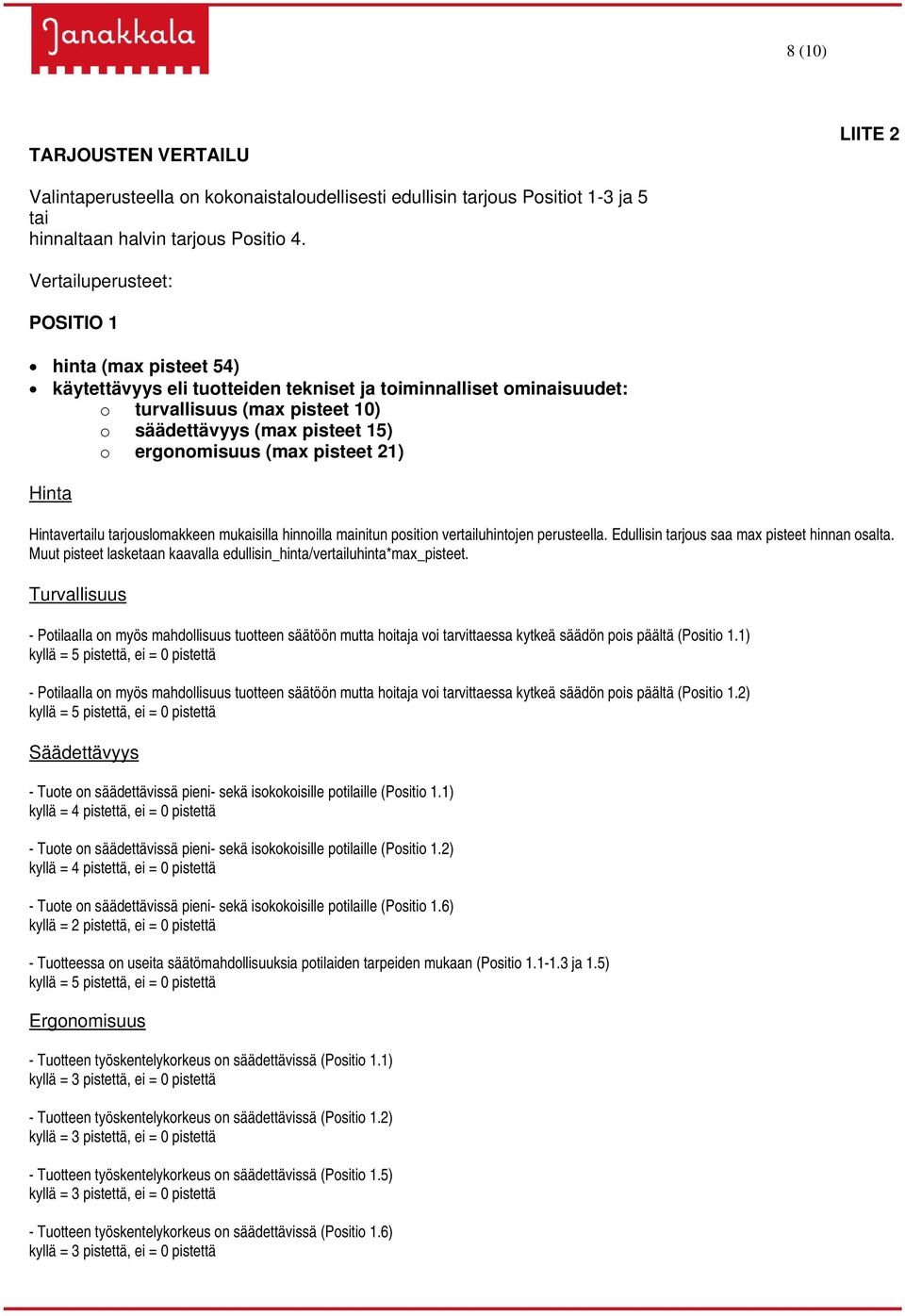 (max pisteet 21) Hinta Hintavertailu tarjouslomakkeen mukaisilla hinnoilla mainitun position vertailuhintojen perusteella. Edullisin tarjous saa max pisteet hinnan osalta.