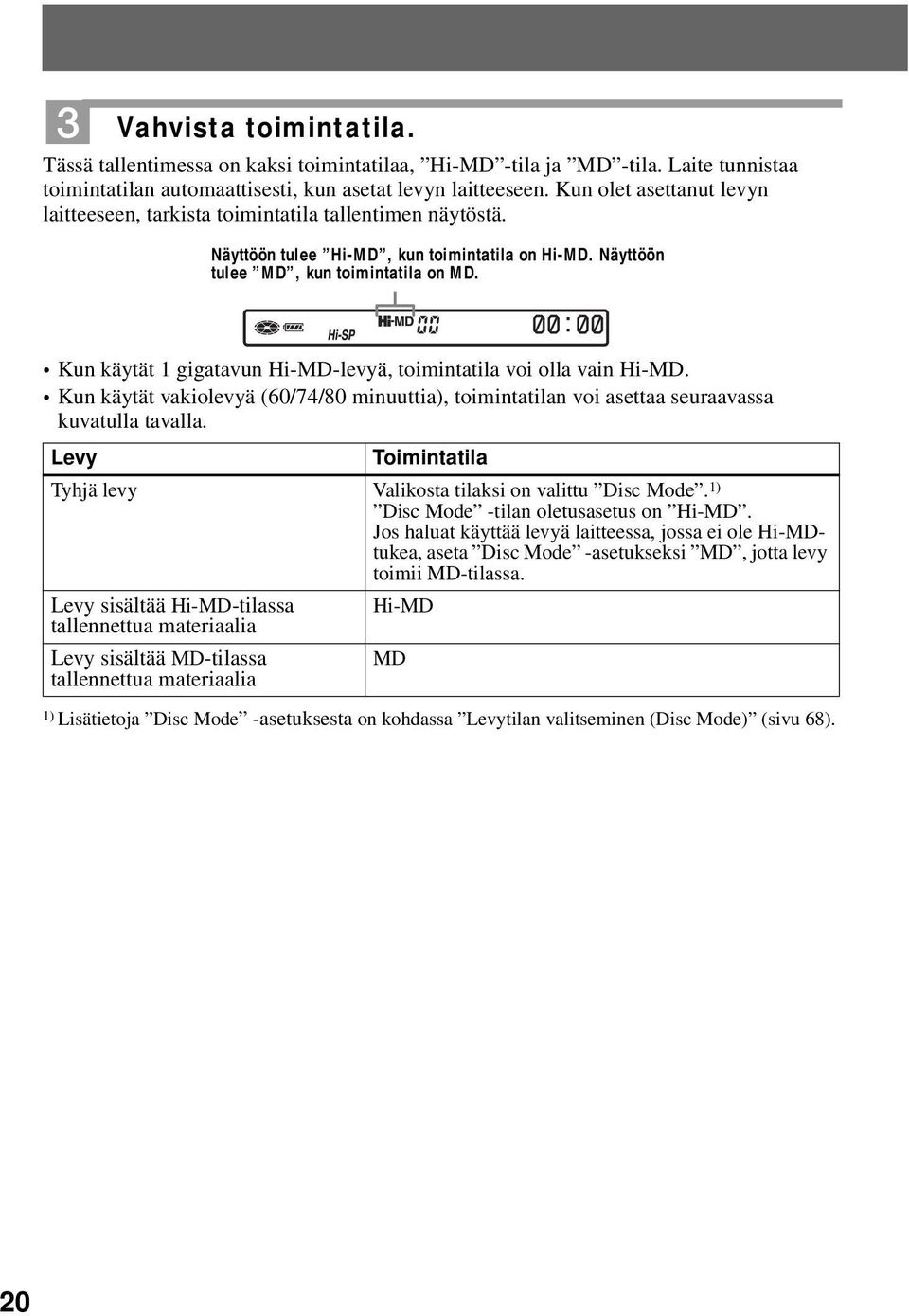 Kun käytät 1 gigatavun Hi-MD-levyä, toimintatila voi olla vain Hi-MD. Kun käytät vakiolevyä (60/74/80 minuuttia), toimintatilan voi asettaa seuraavassa kuvatulla tavalla.