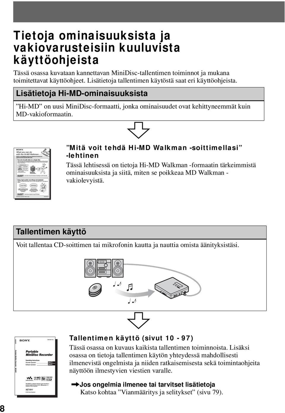 Mitä voit tehdä Hi-MD Walkman -soittimellasi -lehtinen Tässä lehtisessä on tietoja Hi-MD Walkman -formaatin tärkeimmistä ominaisuuksista ja siitä, miten se poikkeaa MD Walkman - vakiolevyistä.