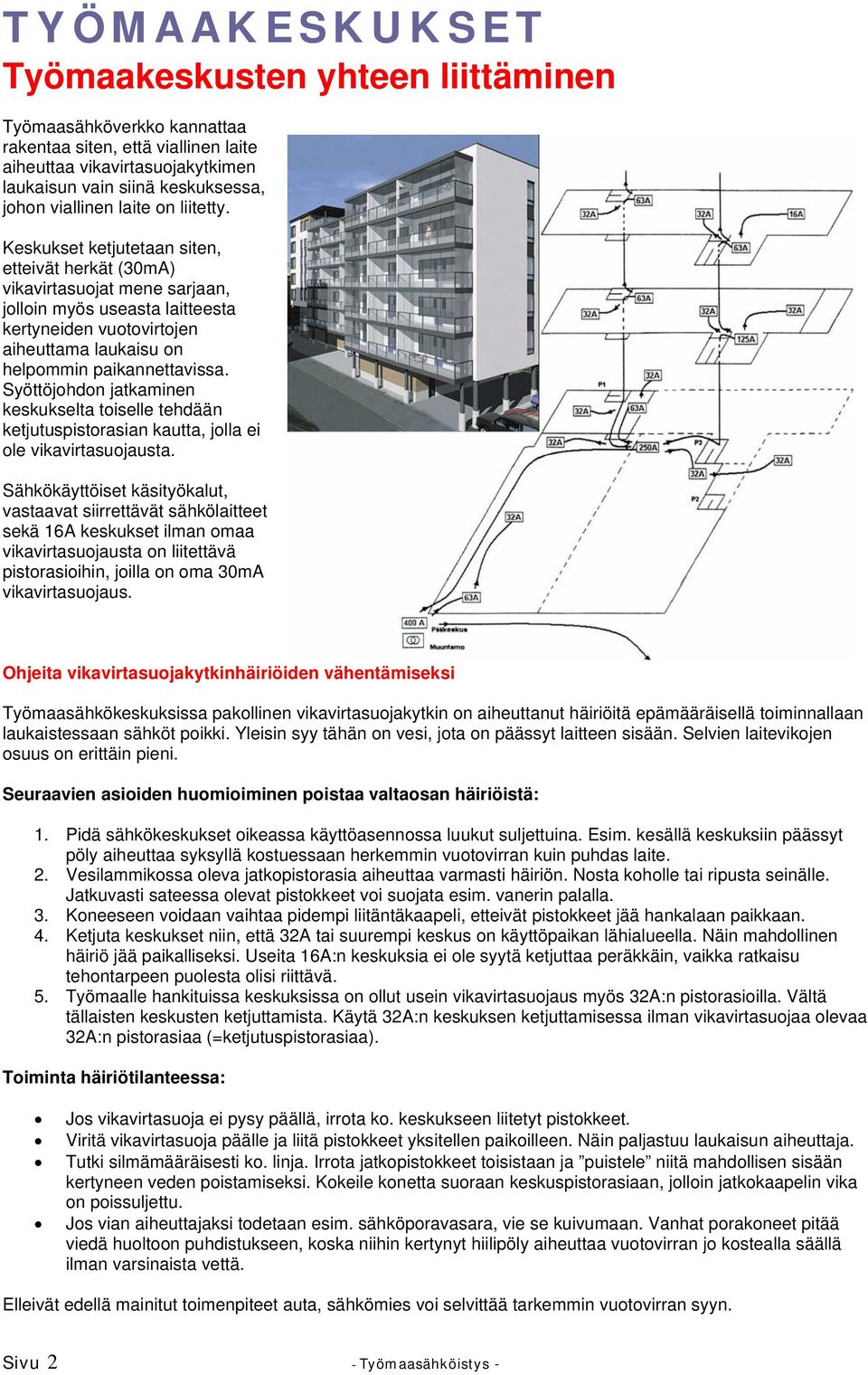 Keskukset ketjutetaan siten, etteivät herkät (30mA) vikavirtasuojat mene sarjaan, jolloin myös useasta laitteesta kertyneiden vuotovirtojen aiheuttama laukaisu on helpommin paikannettavissa.