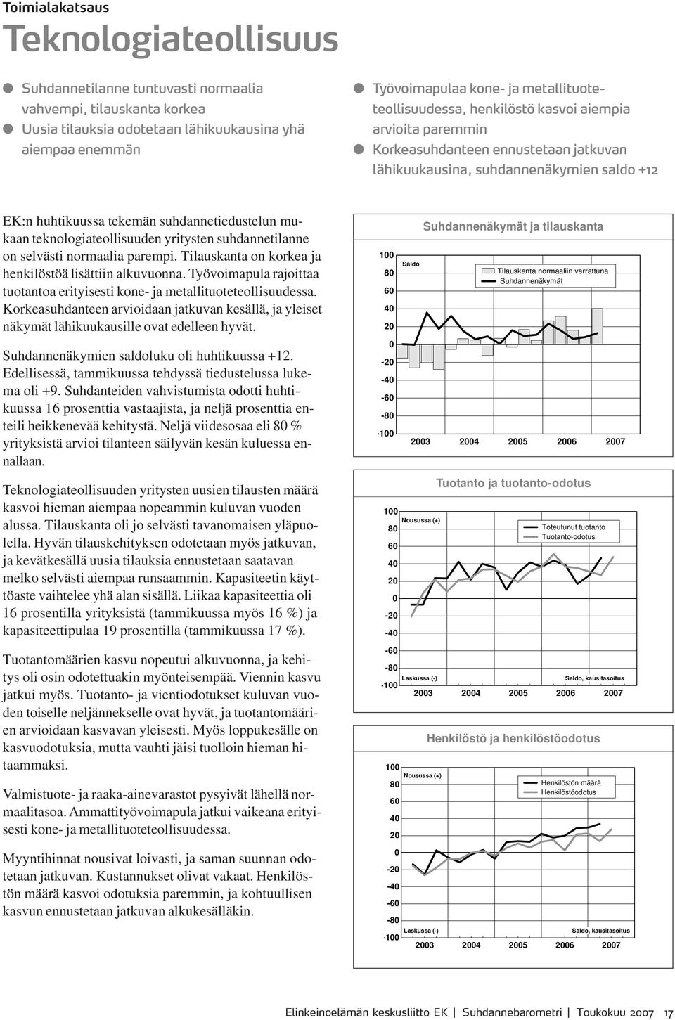 mukaan teknologiateollisuuden yritysten suhdannetilanne on selvästi normaalia parempi. Tilauskanta on korkea ja henkilöstöä lisättiin alkuvuonna.