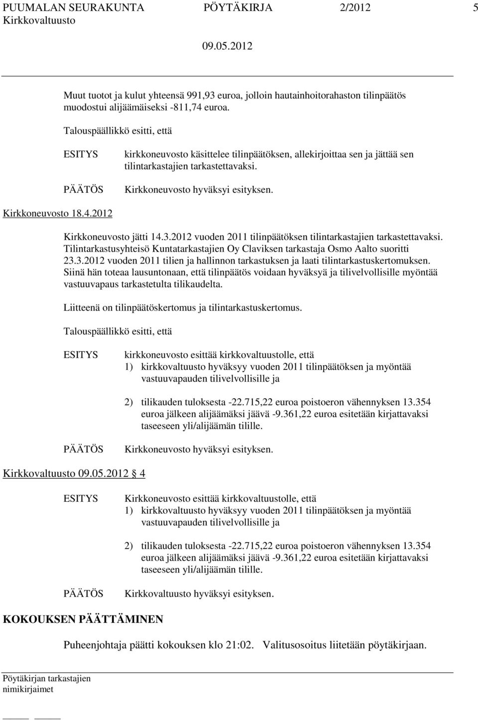 2012 vuoden 2011 tilinpäätöksen tilintarkastajien tarkastettavaksi. Tilintarkastusyhteisö Kuntatarkastajien Oy Claviksen tarkastaja Osmo Aalto suoritti 23.