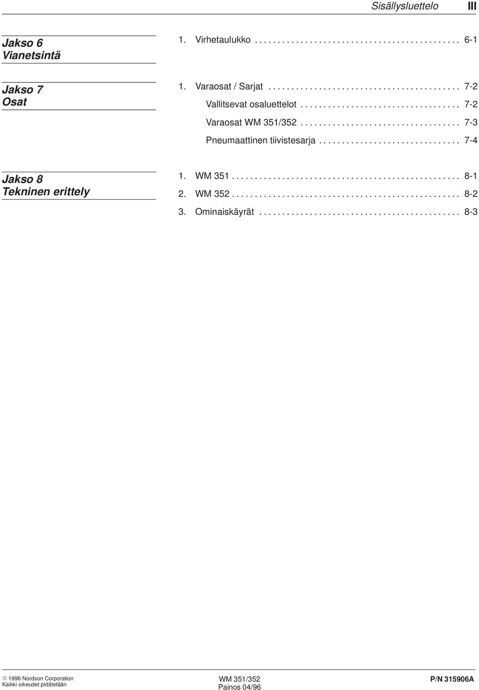 .............................. 7-4 Jakso 8 Tekninen erittely 1. WM 351.................................................. 8-1 2. WM 352.................................................. 8-2 3.