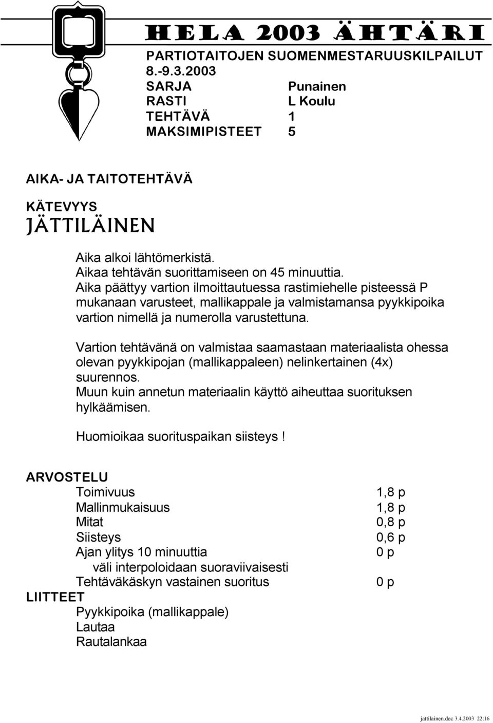 Aika päättyy vartion ilmoittautuessa rastimiehelle pisteessä P mukanaan varusteet, mallikappale ja valmistamansa pyykkipoika vartion nimellä ja numerolla varustettuna.