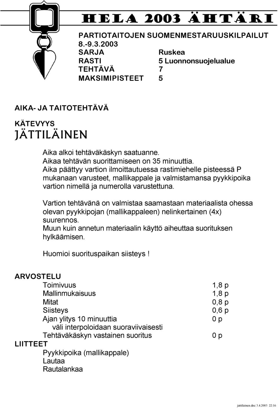Aika päättyy vartion ilmoittautuessa rastimiehelle pisteessä P mukanaan varusteet, mallikappale ja valmistamansa pyykkipoika vartion nimellä ja numerolla varustettuna.