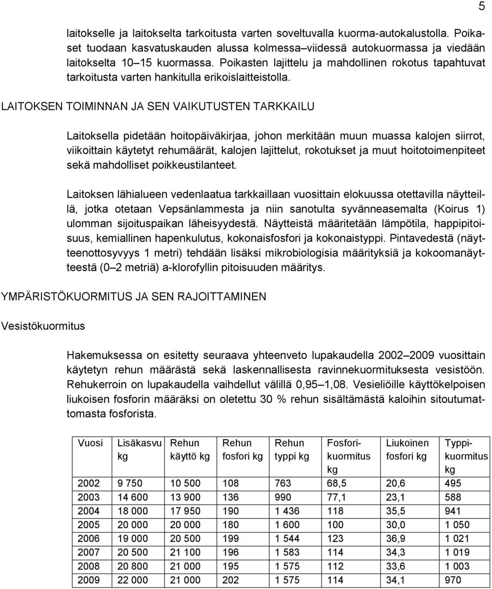 LAITOKSEN TOIMINNAN JA SEN VAIKUTUSTEN TARKKAILU Laitoksella pidetään hoitopäiväkirjaa, johon merkitään muun muassa kalojen siirrot, viikoittain käytetyt rehumäärät, kalojen lajittelut, rokotukset ja