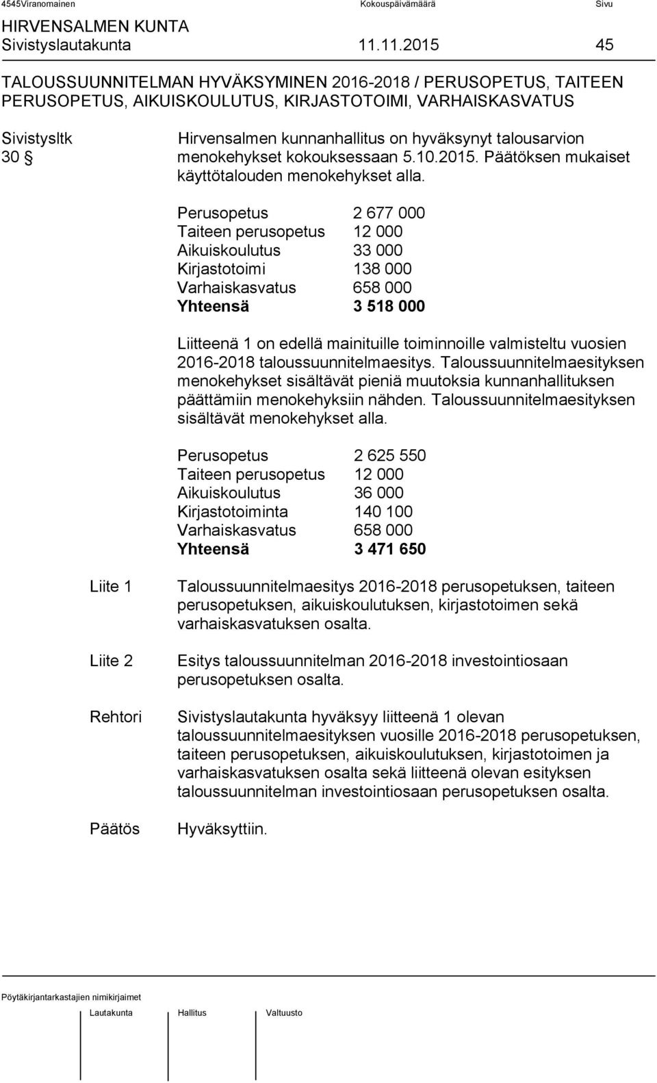 talousarvion 30 menokehykset kokouksessaan 5.10.2015. Päätöksen mukaiset käyttötalouden menokehykset alla.