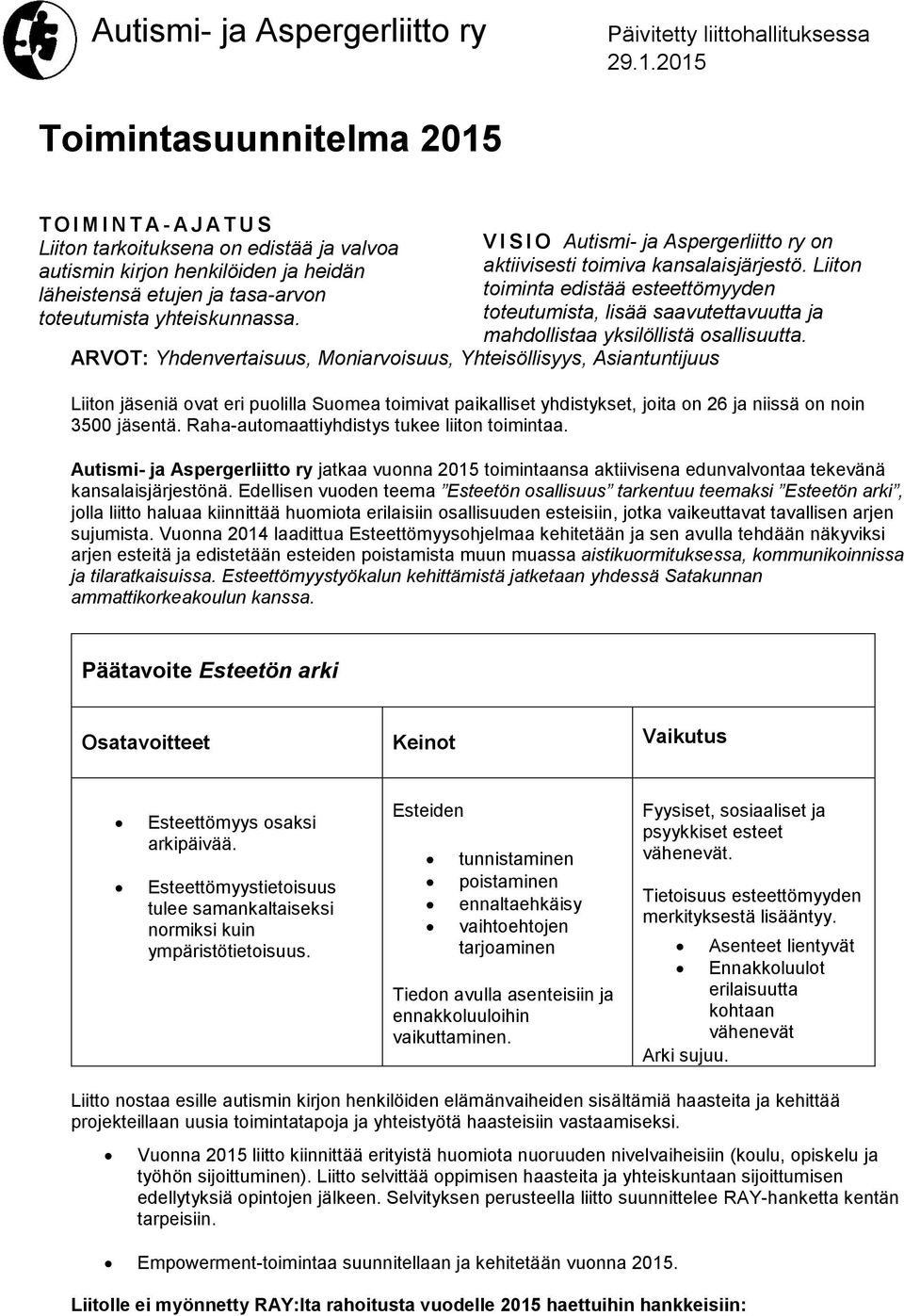 toimiva kansalaisjärjestö. Liiton läheistensä etujen ja tasa-arvon toiminta edistää esteettömyyden toteutumista yhteiskunnassa.