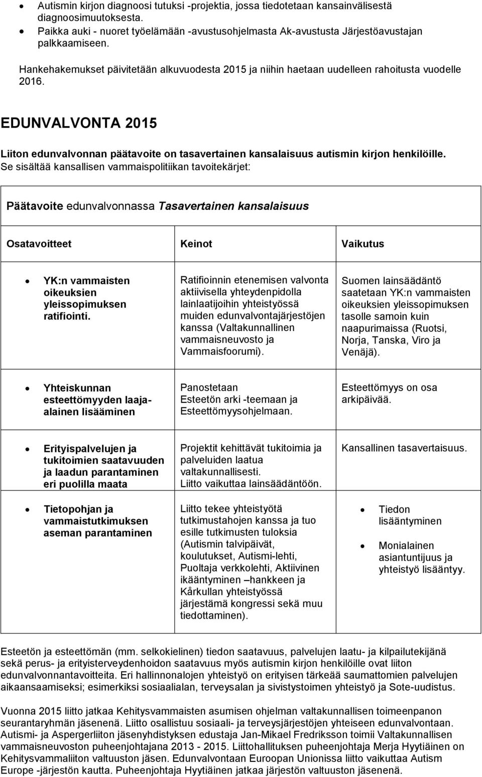 EDUNVALVONTA 2015 Liiton edunvalvonnan päätavoite on tasavertainen kansalaisuus autismin kirjon henkilöille.